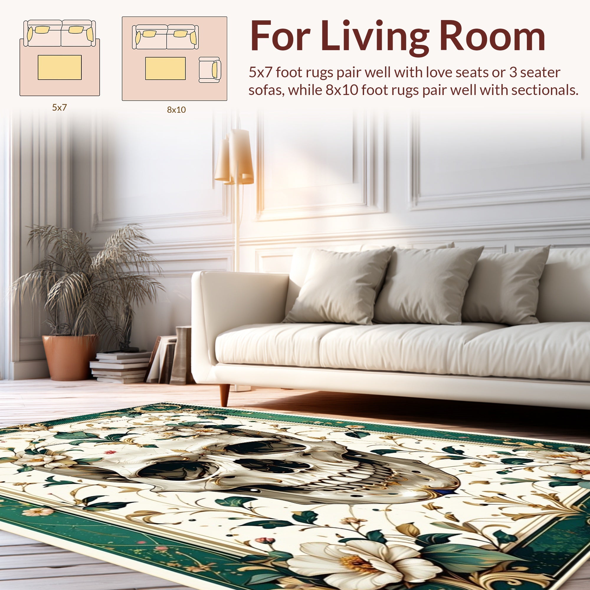 Elaborate Skull Floral Pattern Rug