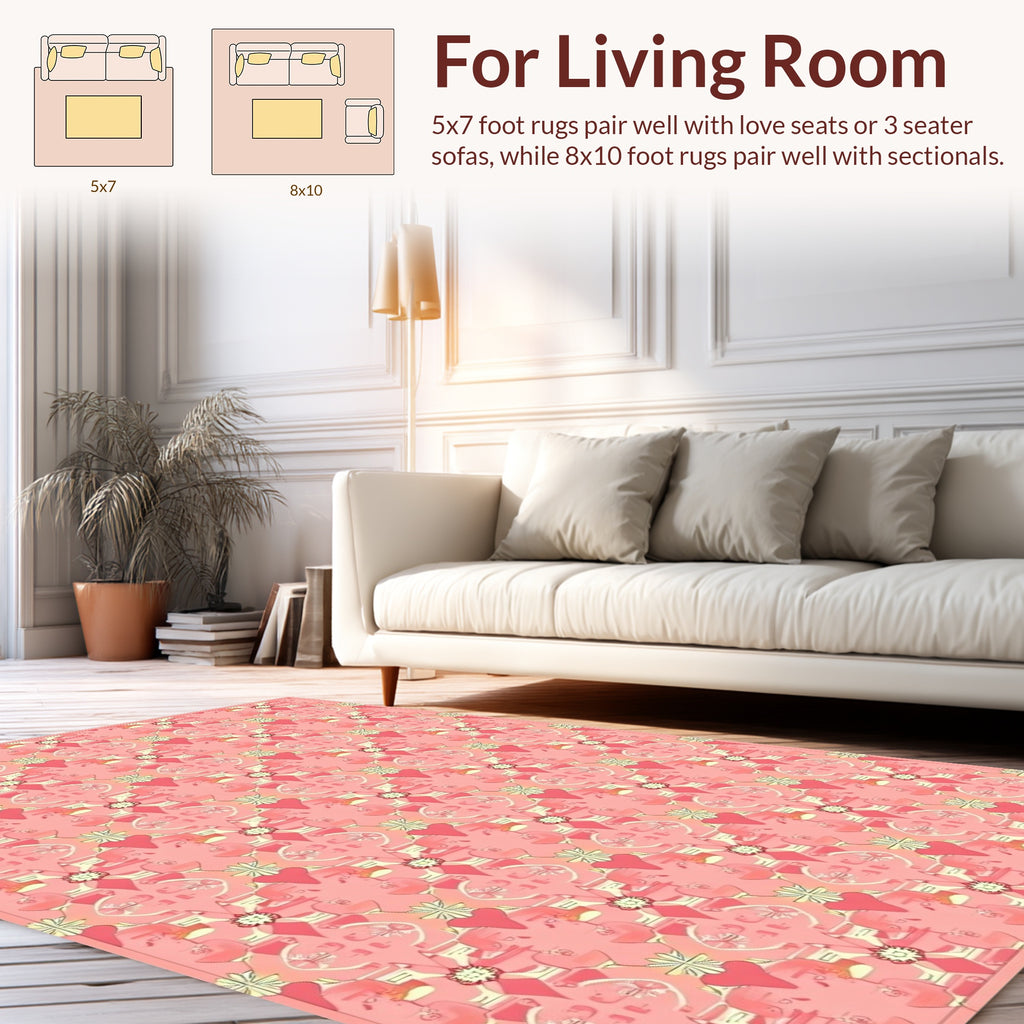 Pink Heart Floral Geometric Pattern Rug