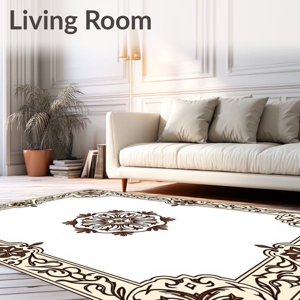Cream Brown Floral Medallion Border Rug