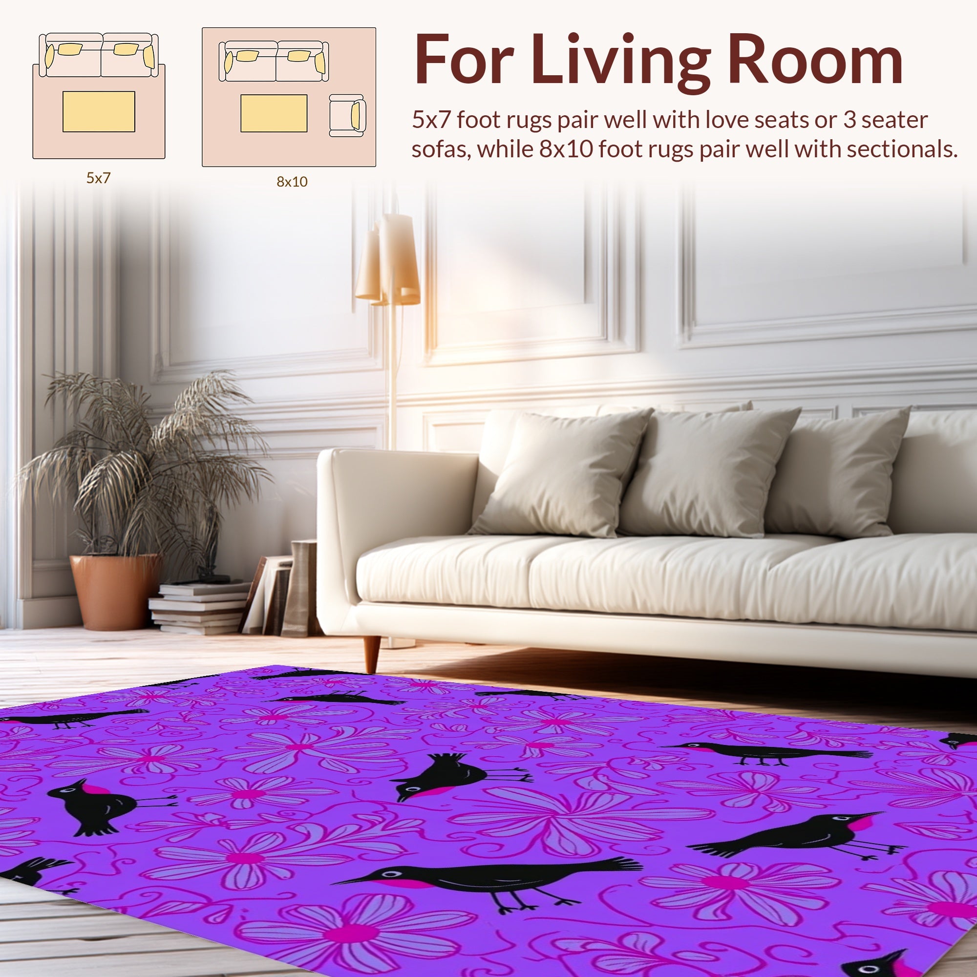 Whimsical Black Birds Floral Pattern Rug