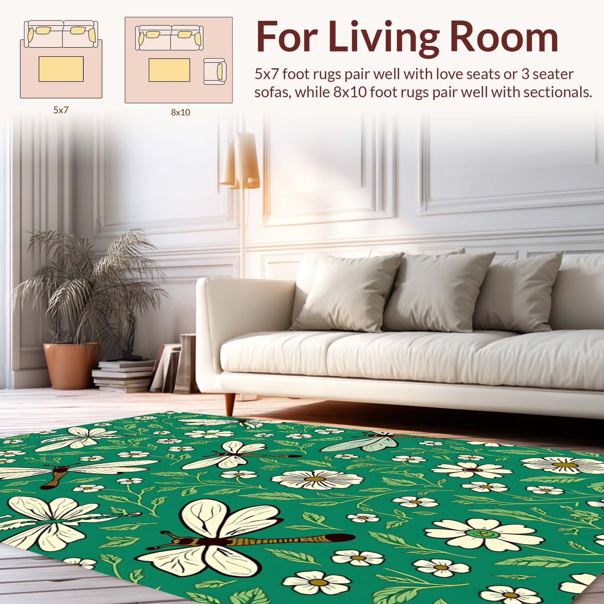 Green Dragonflies Daisy Floral Pattern Rug