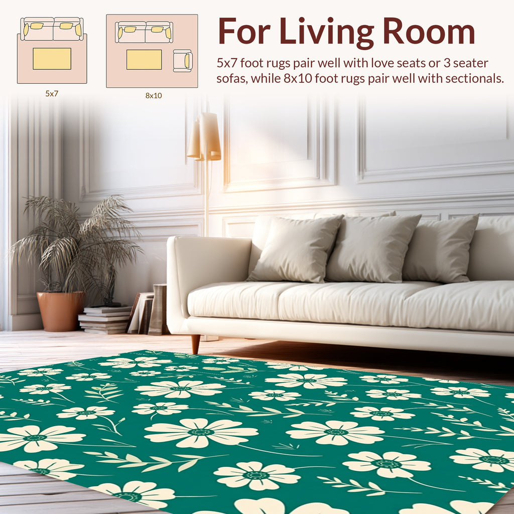 Creamy Floral Pattern On Teal Background Rug