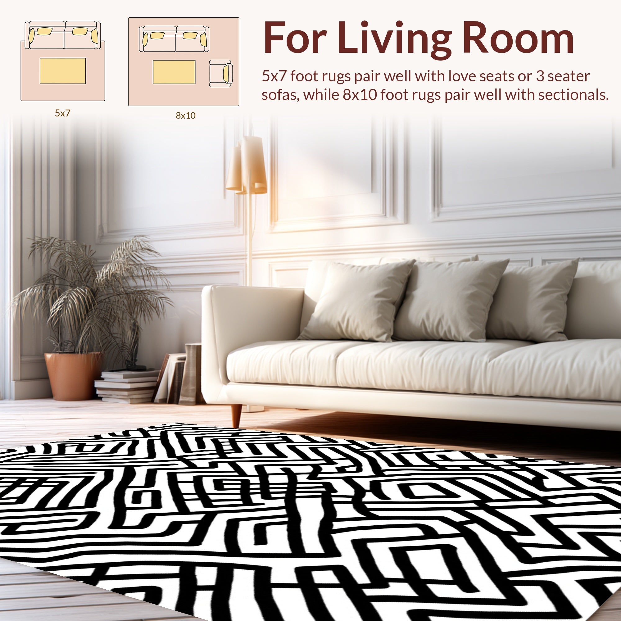 Bold Black White Abstract Maze Pattern Rug