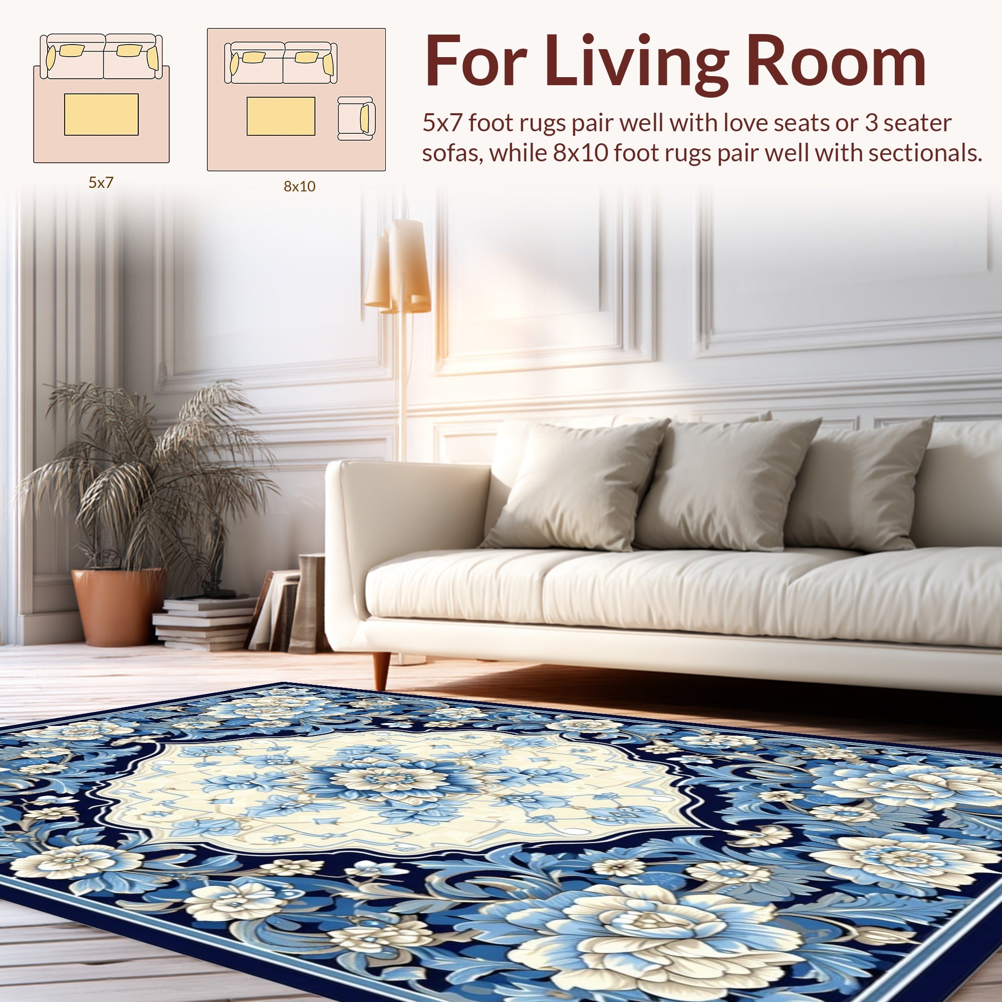 Floral Medallion Pattern Blue Cream Design Rug