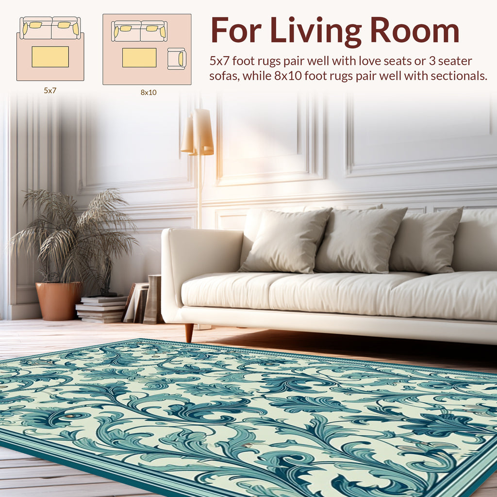 Classic Teal Floral Scroll Pattern Rug