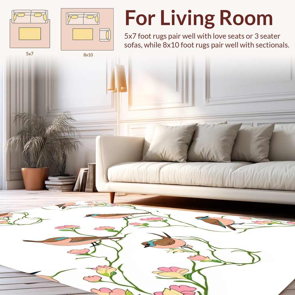 Chirpy Birds Blooming Branches Pattern Rug