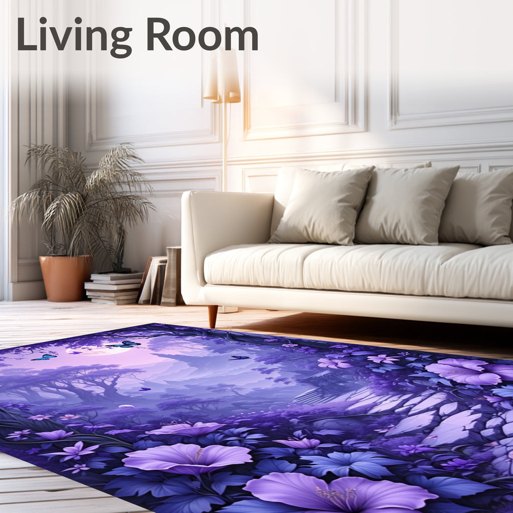 Enchanted Purple Forest Butterfly Scene Rug