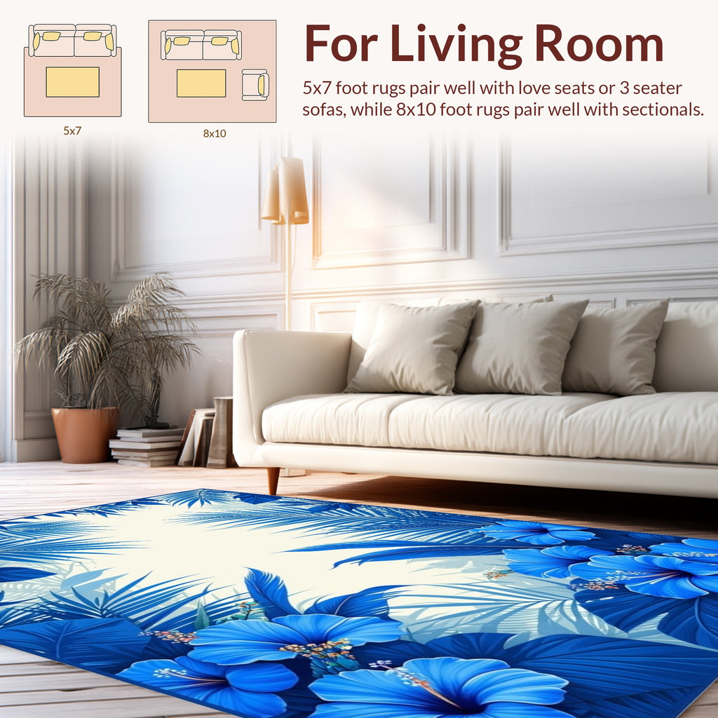 Vibrant Blue Floral And Palm Leaf Design Rug