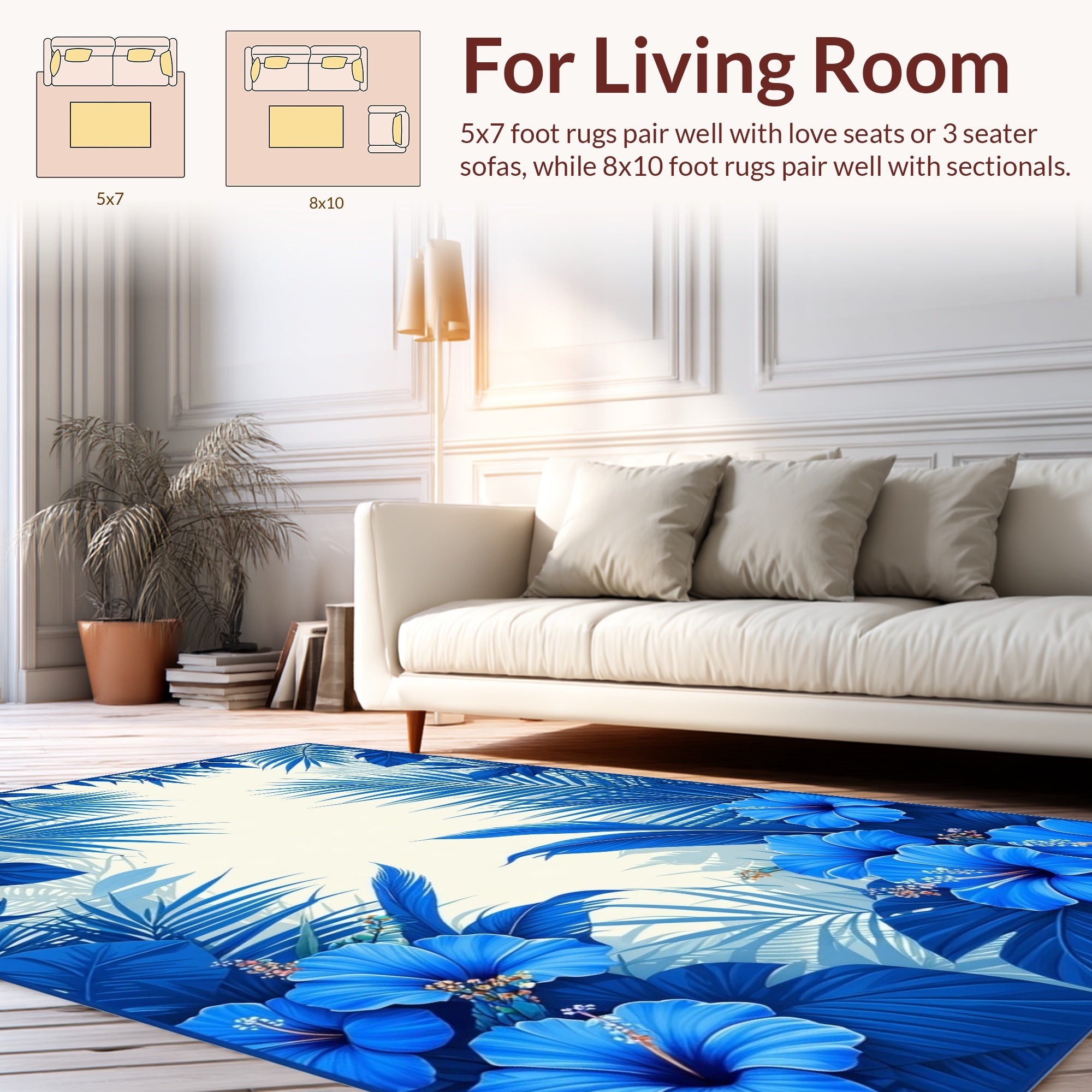 Vibrant Blue Floral And Palm Leaf Design Rug