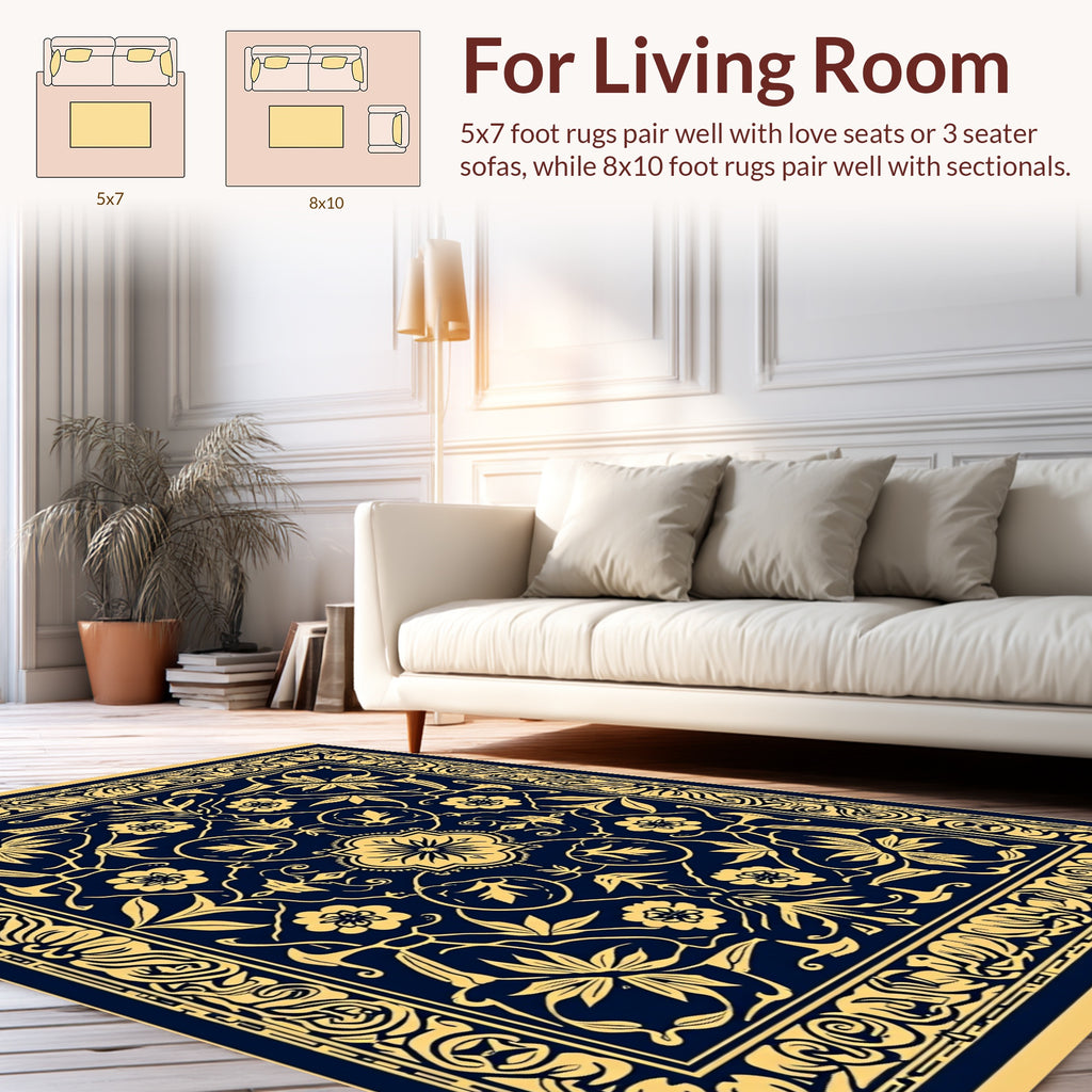 Elegant Floral Patterned Indigo Rug