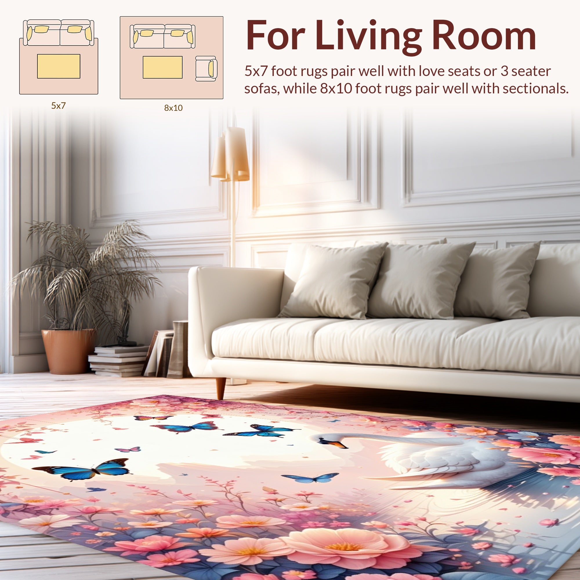 Whimsical Swan Butterfly Floral Design Rug