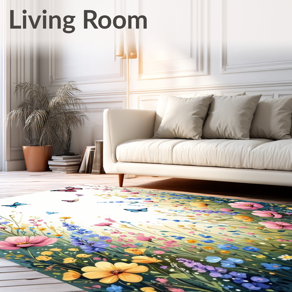 Whimsical Floral Butterflies Meadow Design Rug