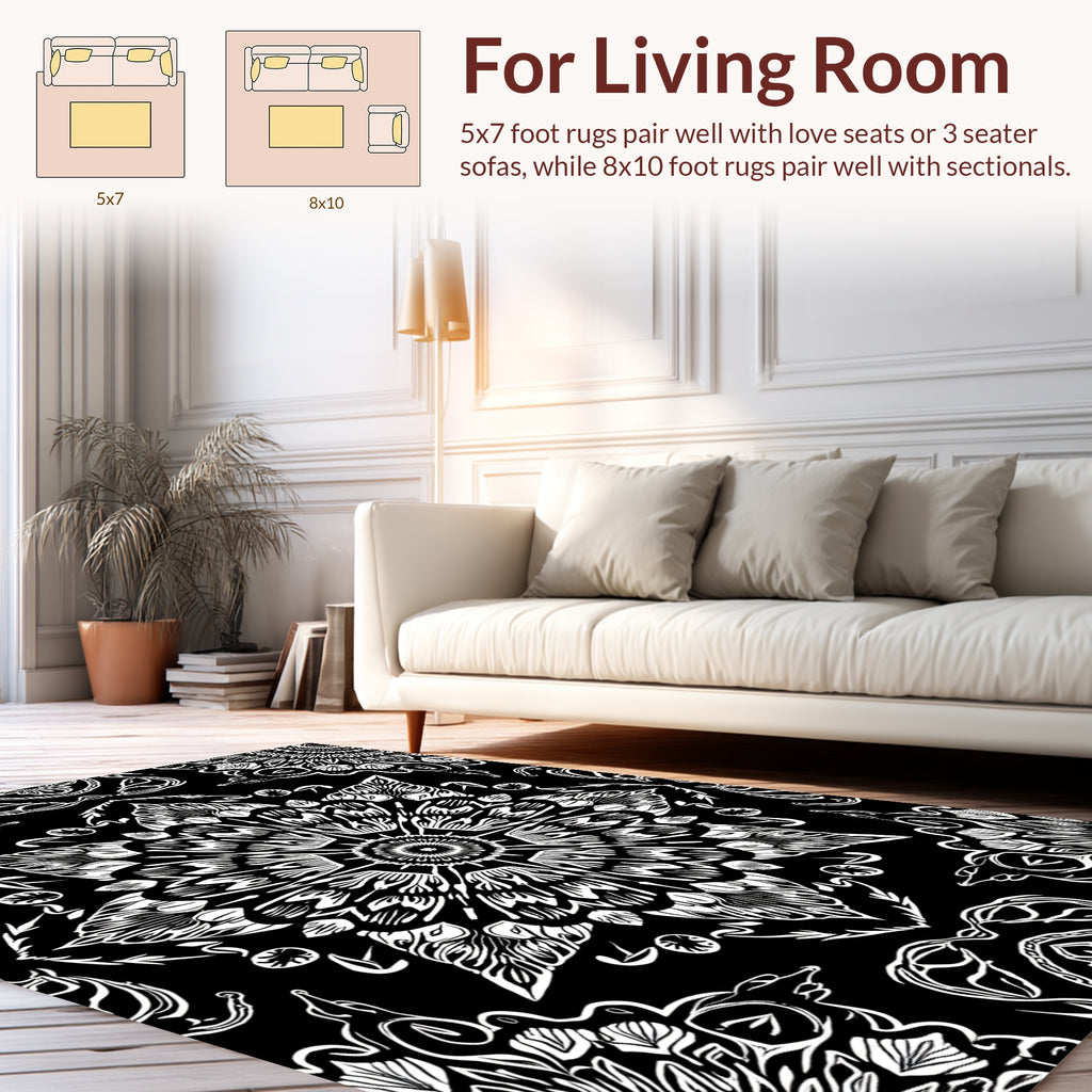 Intricate Black White Mandala Pattern Rug