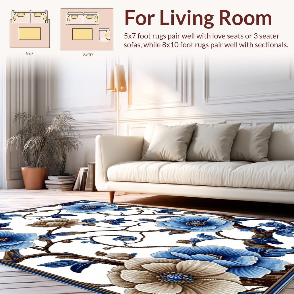 Elegant Blue Floral Vine Pattern Rug