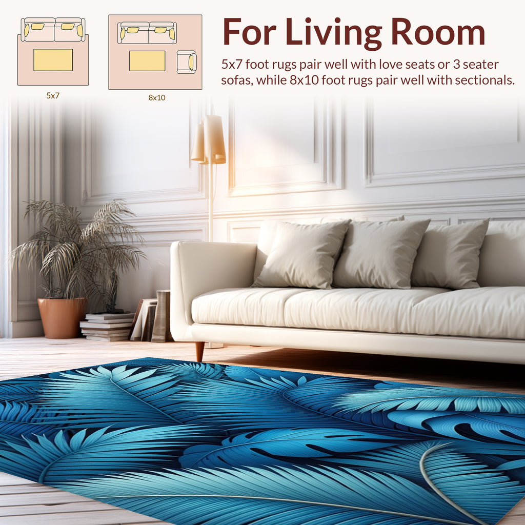 Deep Blue Tropical Leaf Pattern Rug
