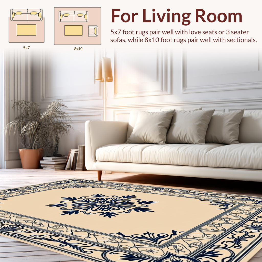 Navy Classic Floral Medallion Border Rug