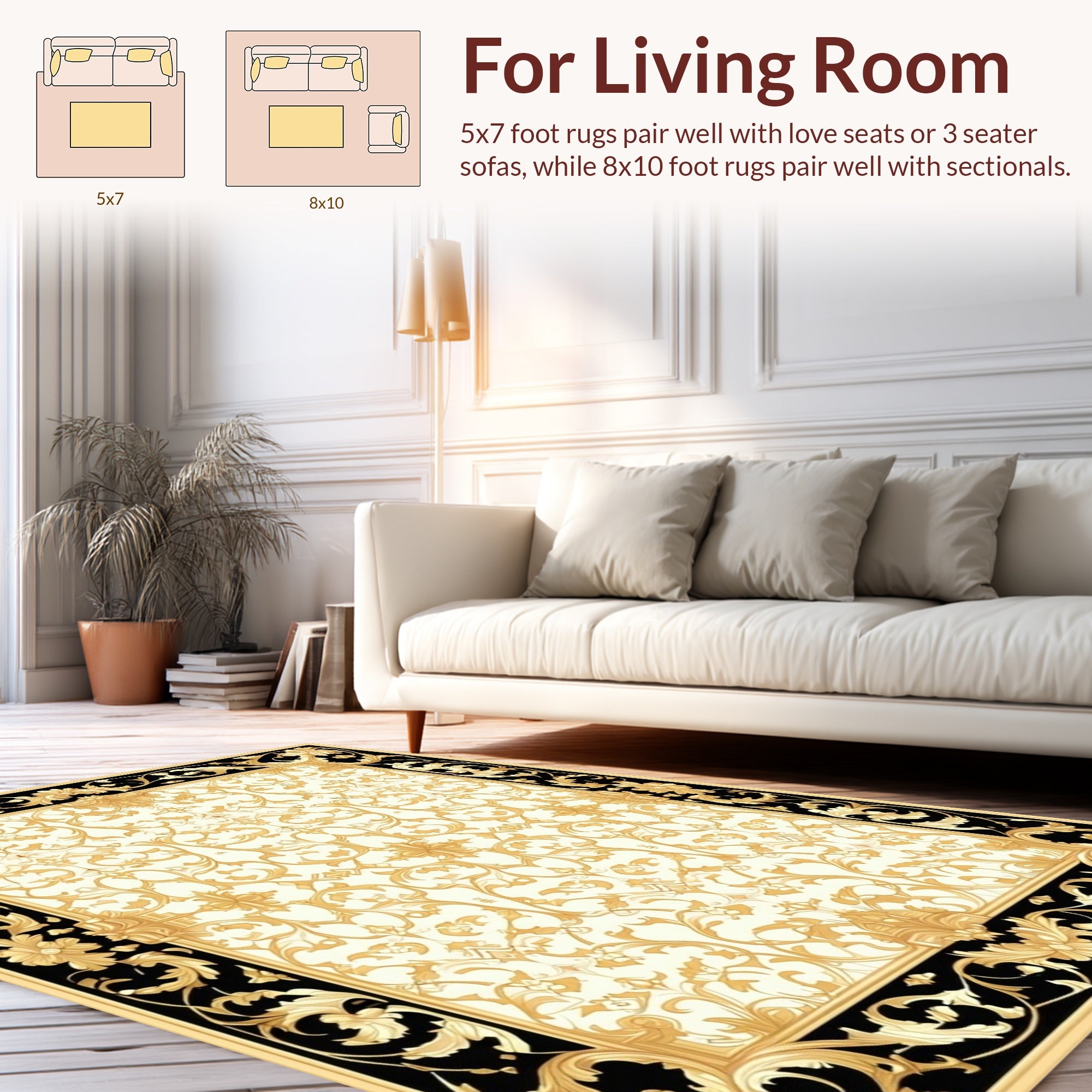 Ornate Gold Floral Scroll Pattern Rug