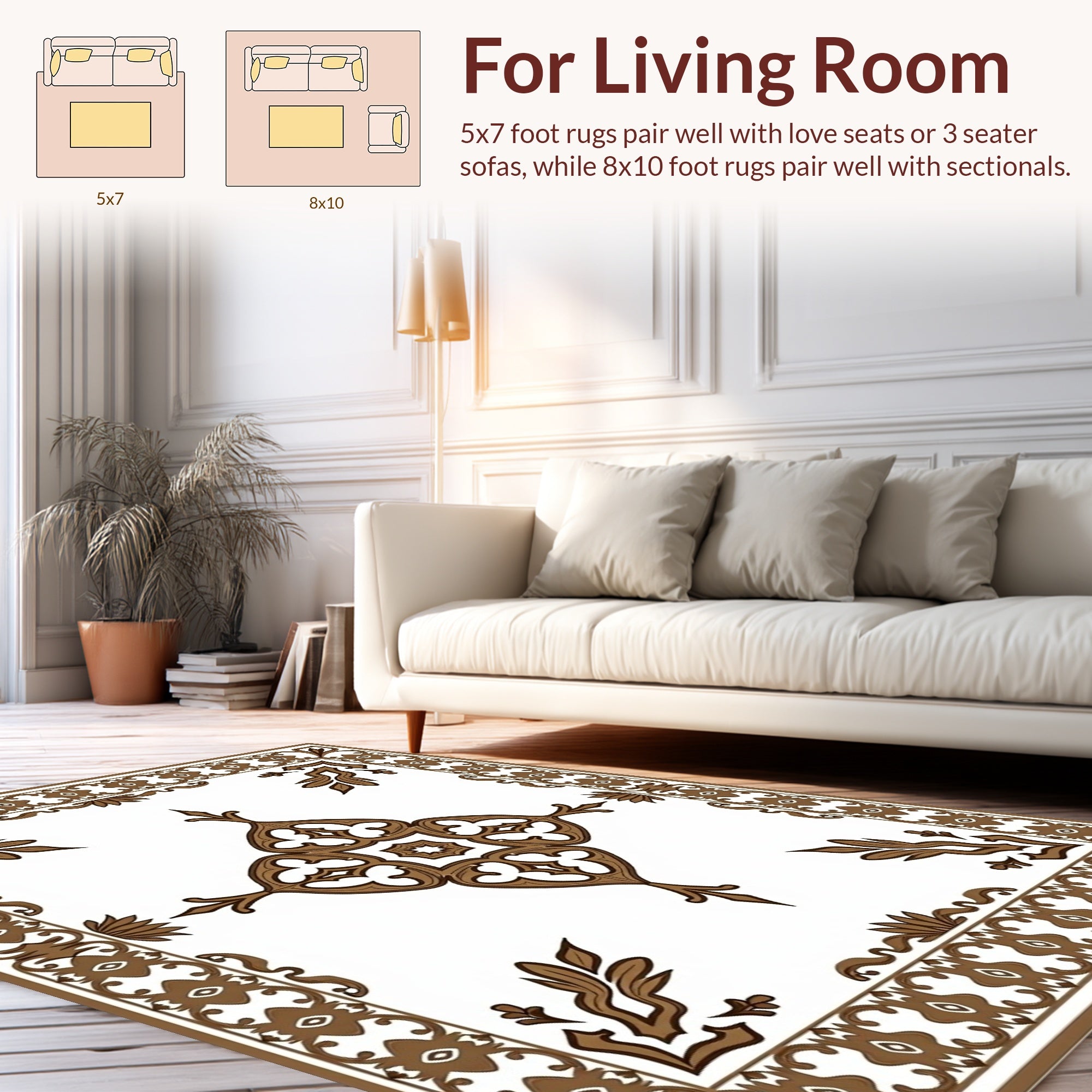 Elegant Brown Floral Scroll Pattern Rug
