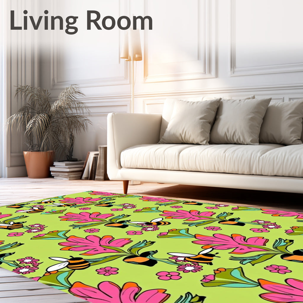 Pink Floral Bees On Lime Green Field Rug