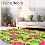 Pink Floral Bees On Lime Green Field Rug