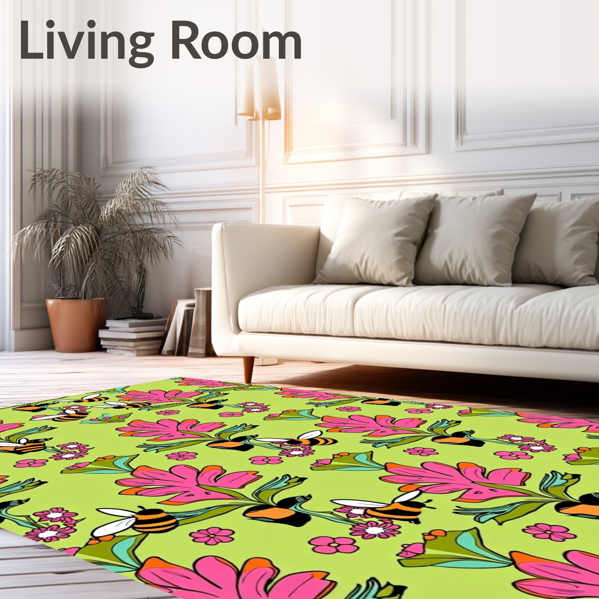 Pink Floral Bees On Lime Green Field Rug