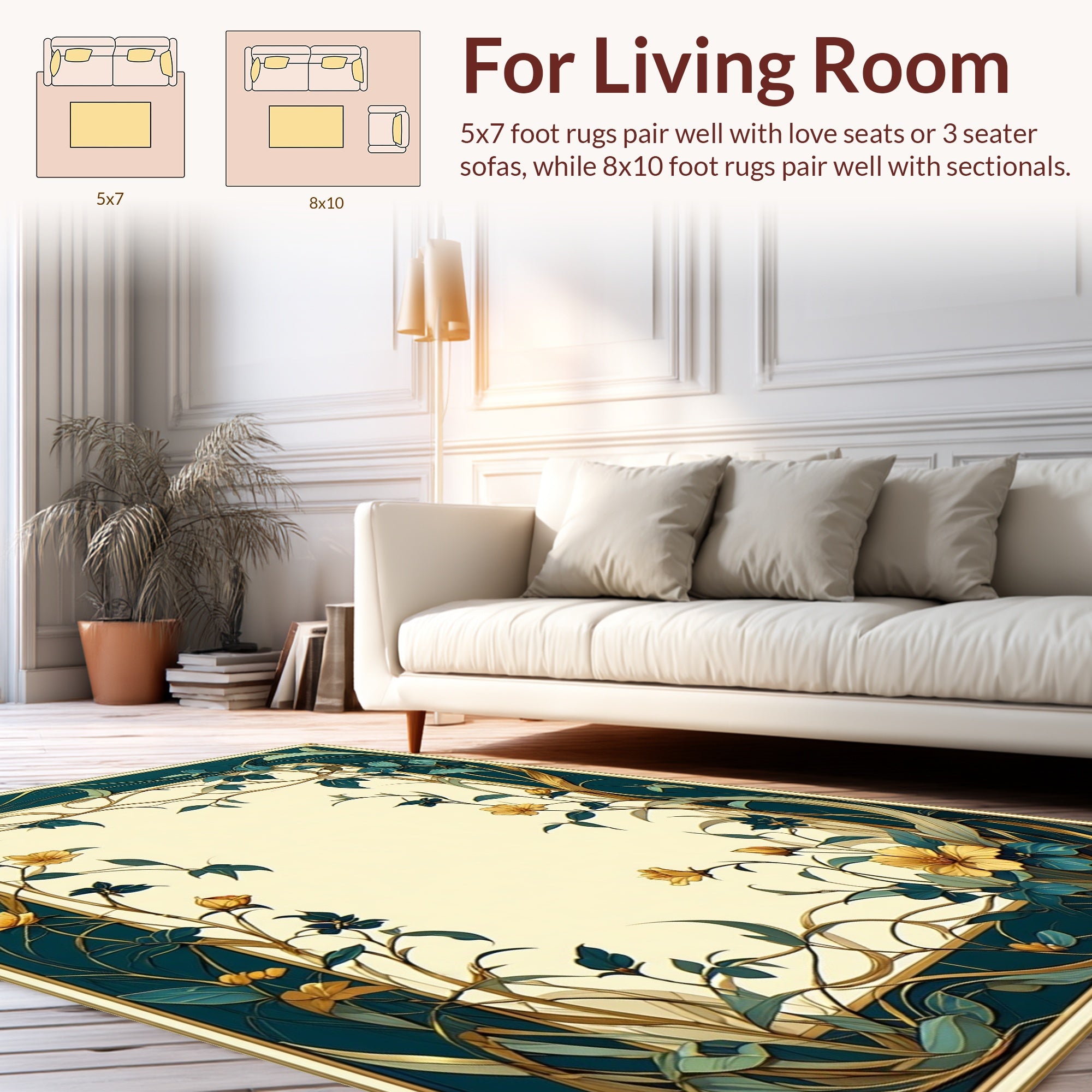 Floral Vines with Teal Gold Border Rug