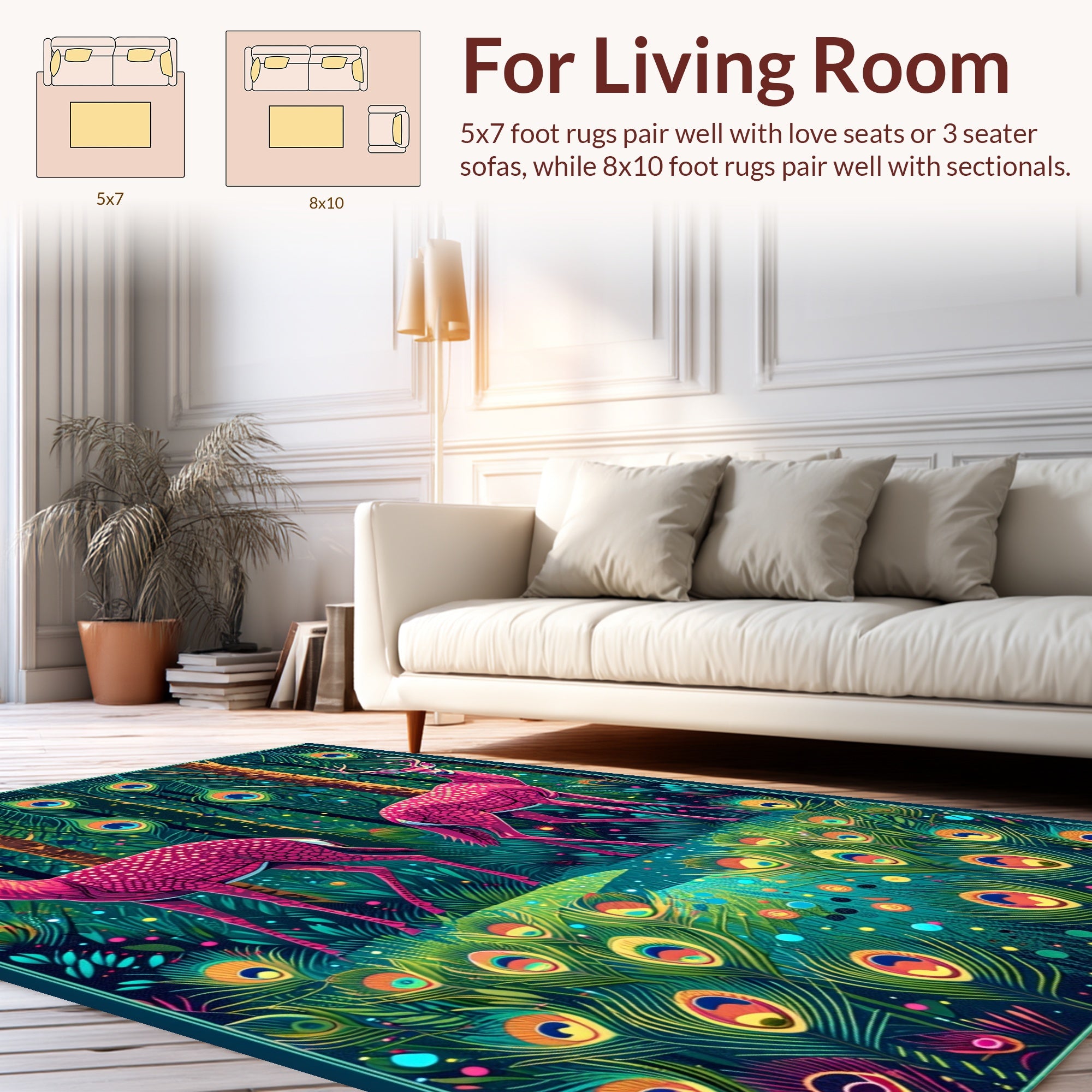Whimsical Deer Peacock Feather Forest Rug