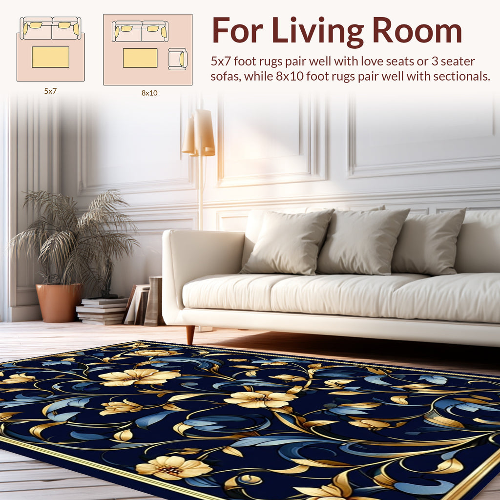 Floral Vines Gold Blue Pattern Rug