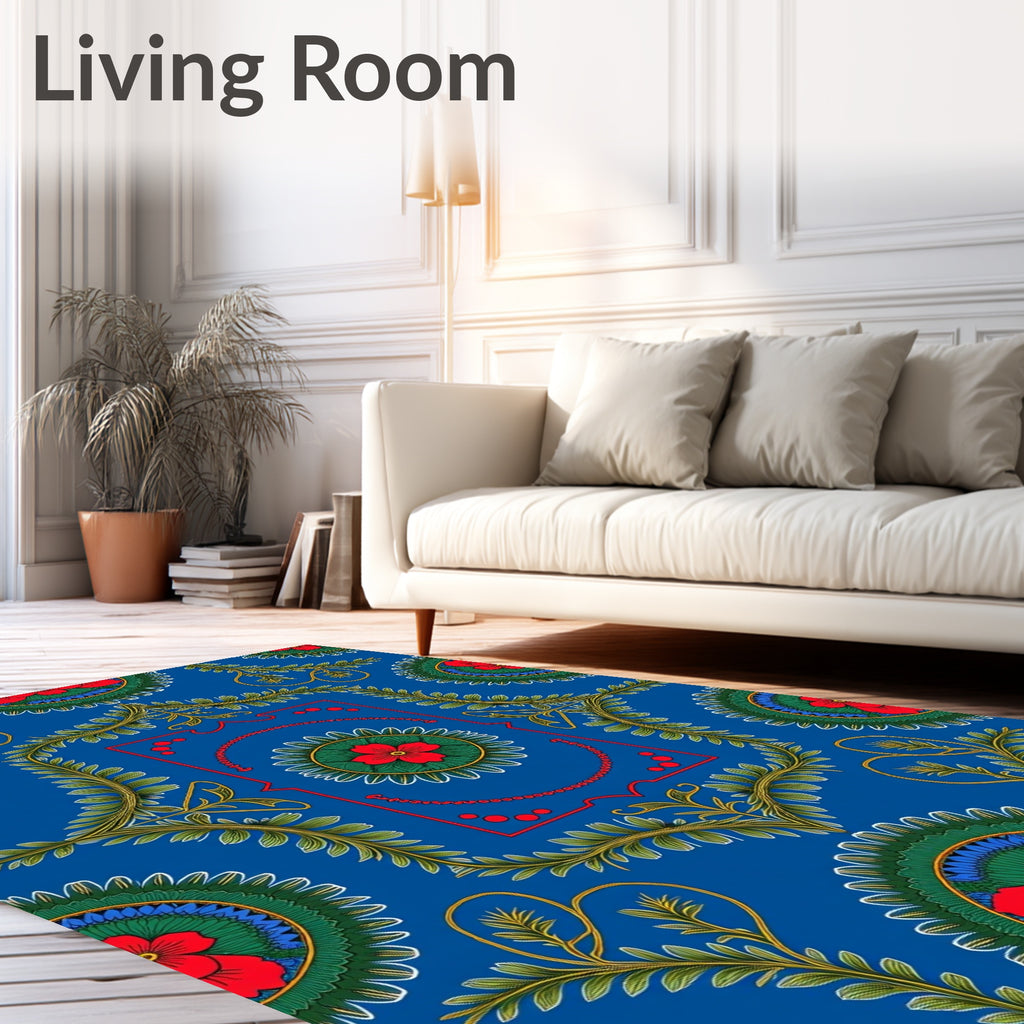 Vibrant Blue Red Floral Medallion Scroll Rug