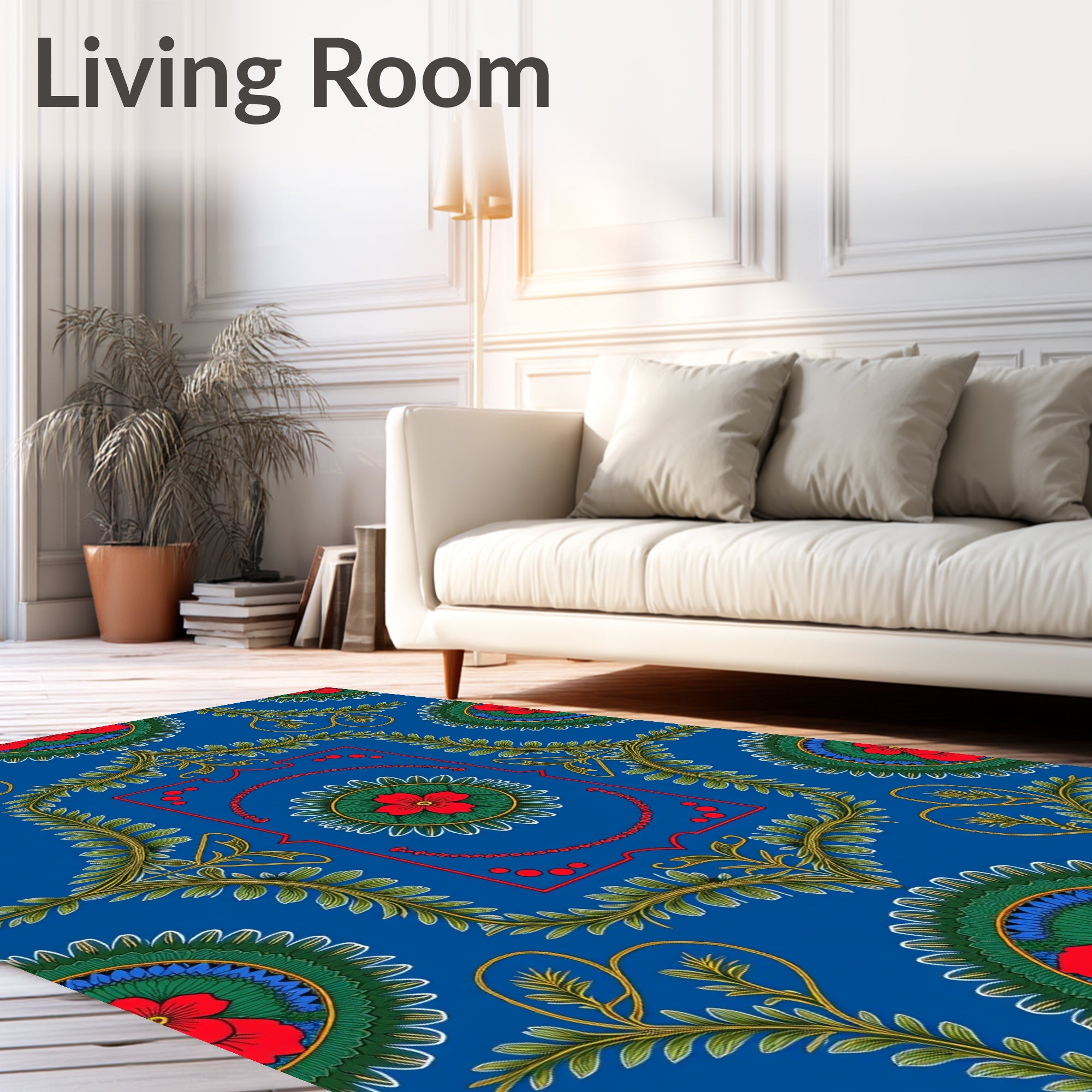 Vibrant Blue Red Floral Medallion Scroll Rug