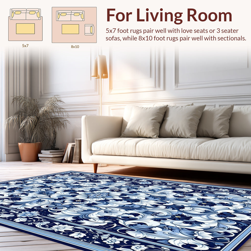 Intricate Floral Blue White Scrollwork Rug