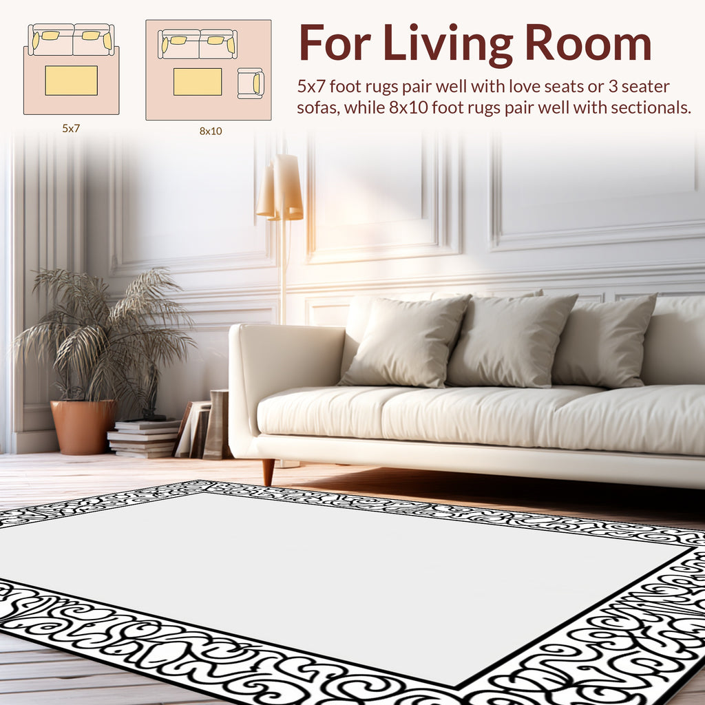 Ornate Scrollwork Black Border Rug