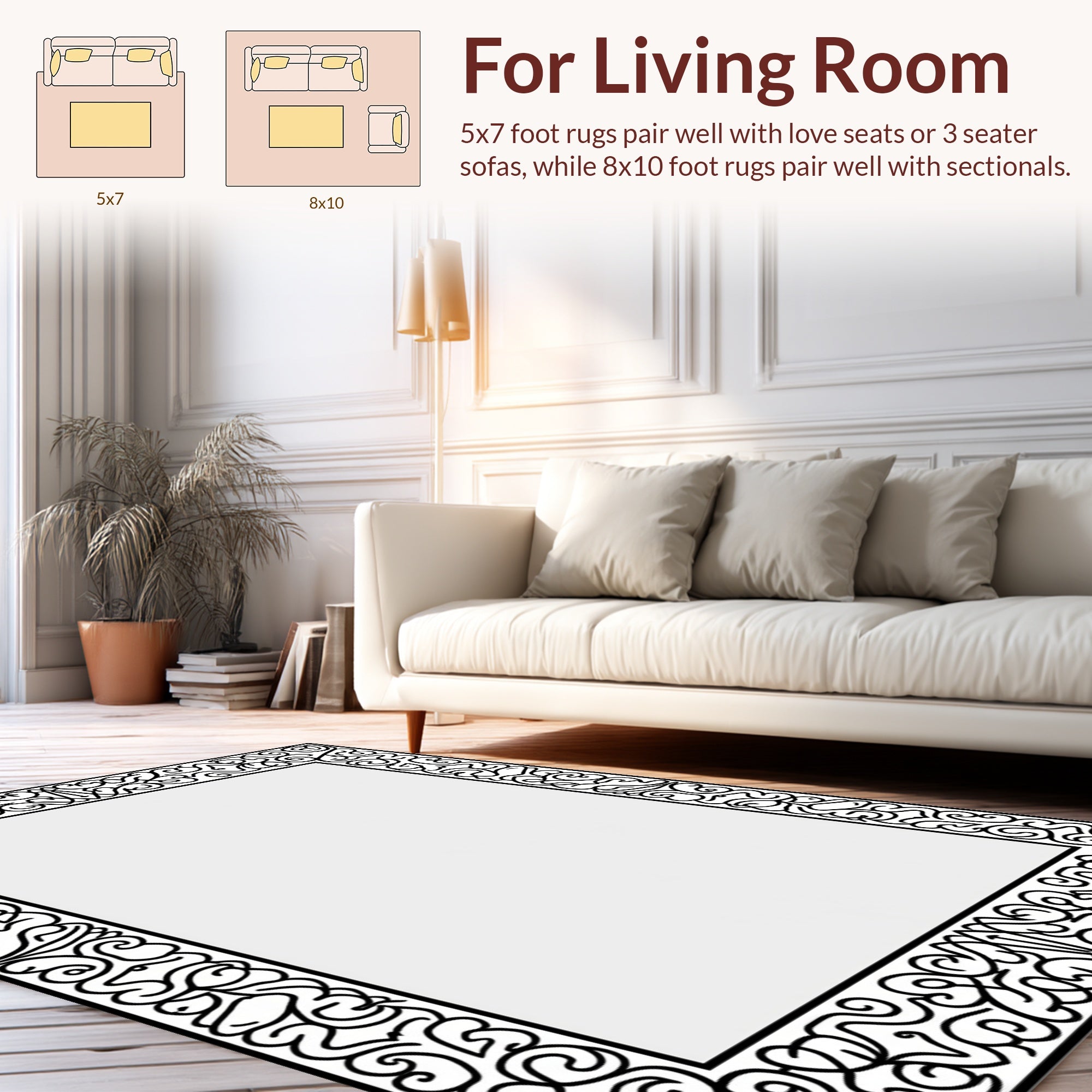 Ornate Scrollwork Black Border Rug