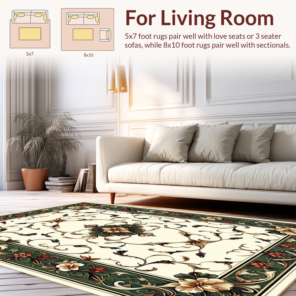 Ornate Floral Swirls In Cream And Green Rug