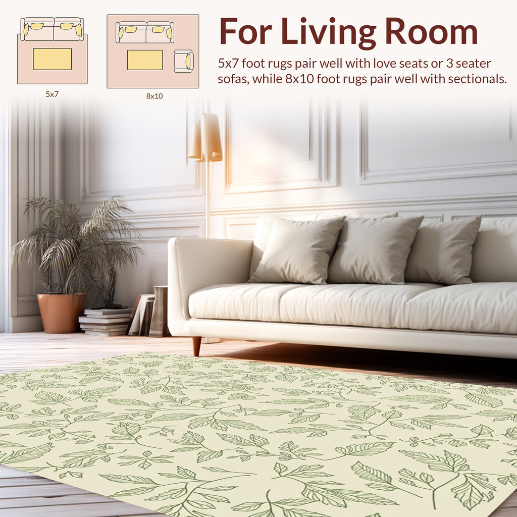 Elegant Green Branch Leaf Pattern Rug