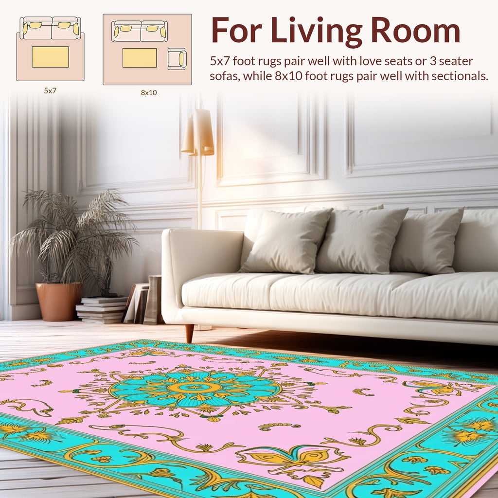 Elegant Pink Teal Golden Floral Rug
