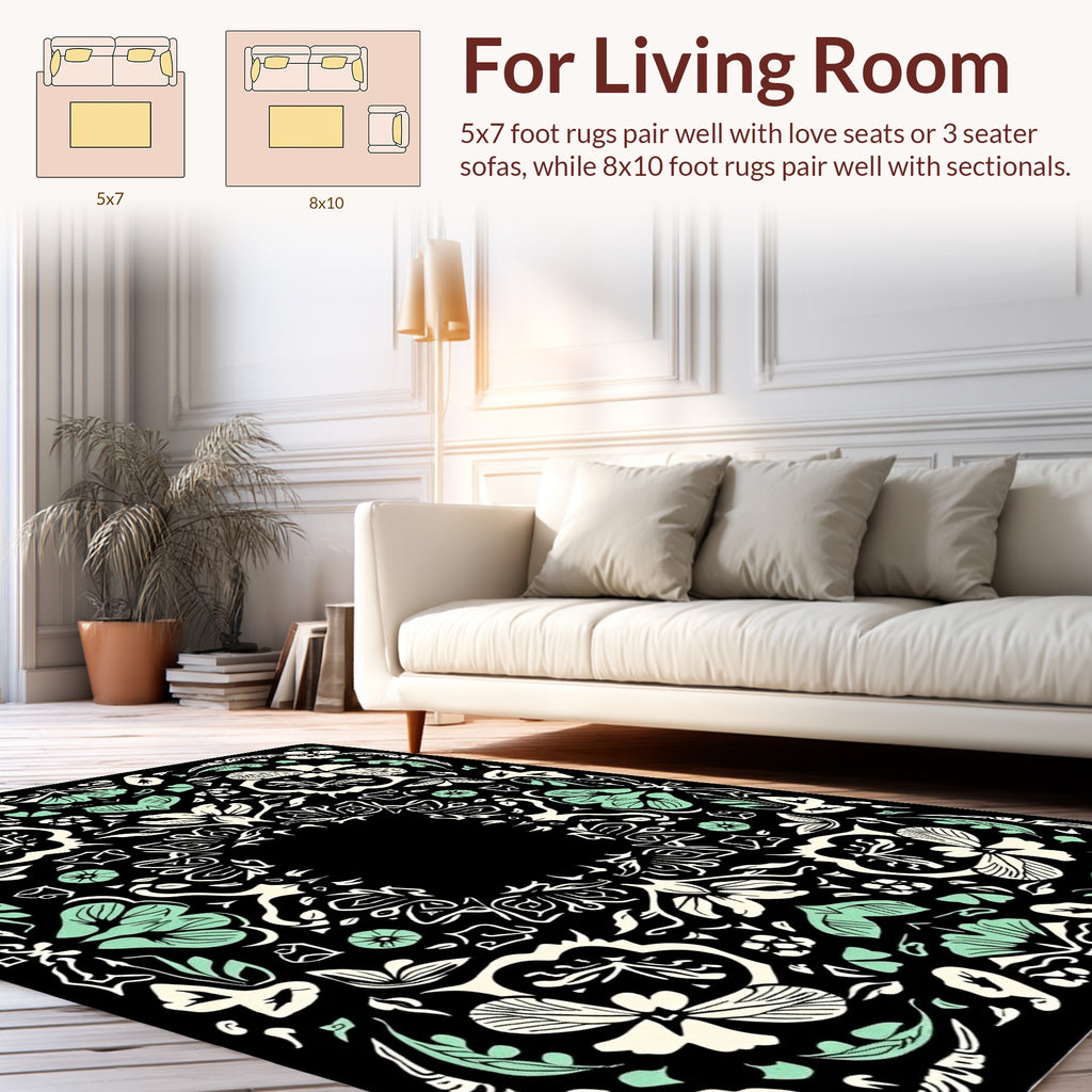Black Floral Mandala Motif Rug