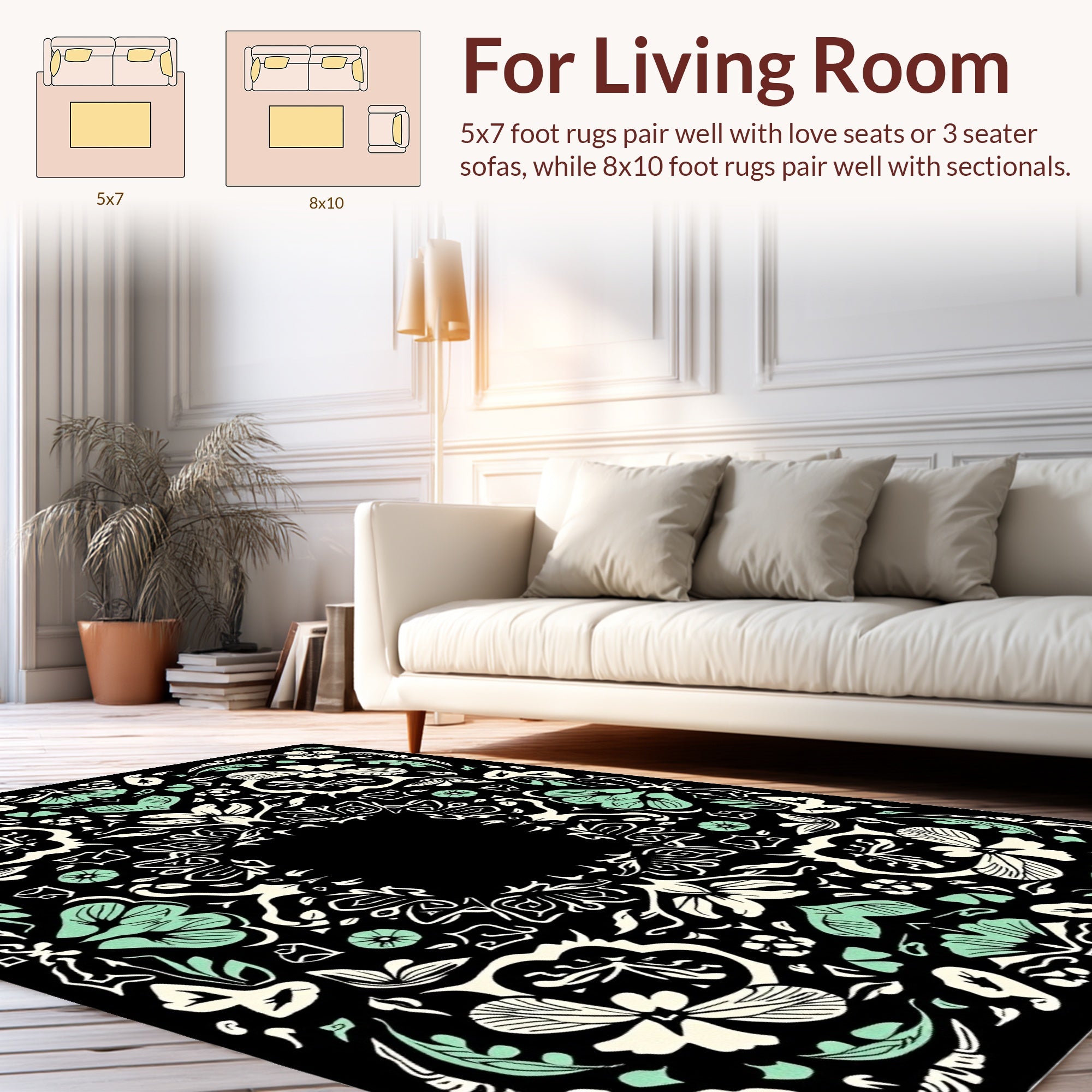 Black Floral Mandala Motif Rug