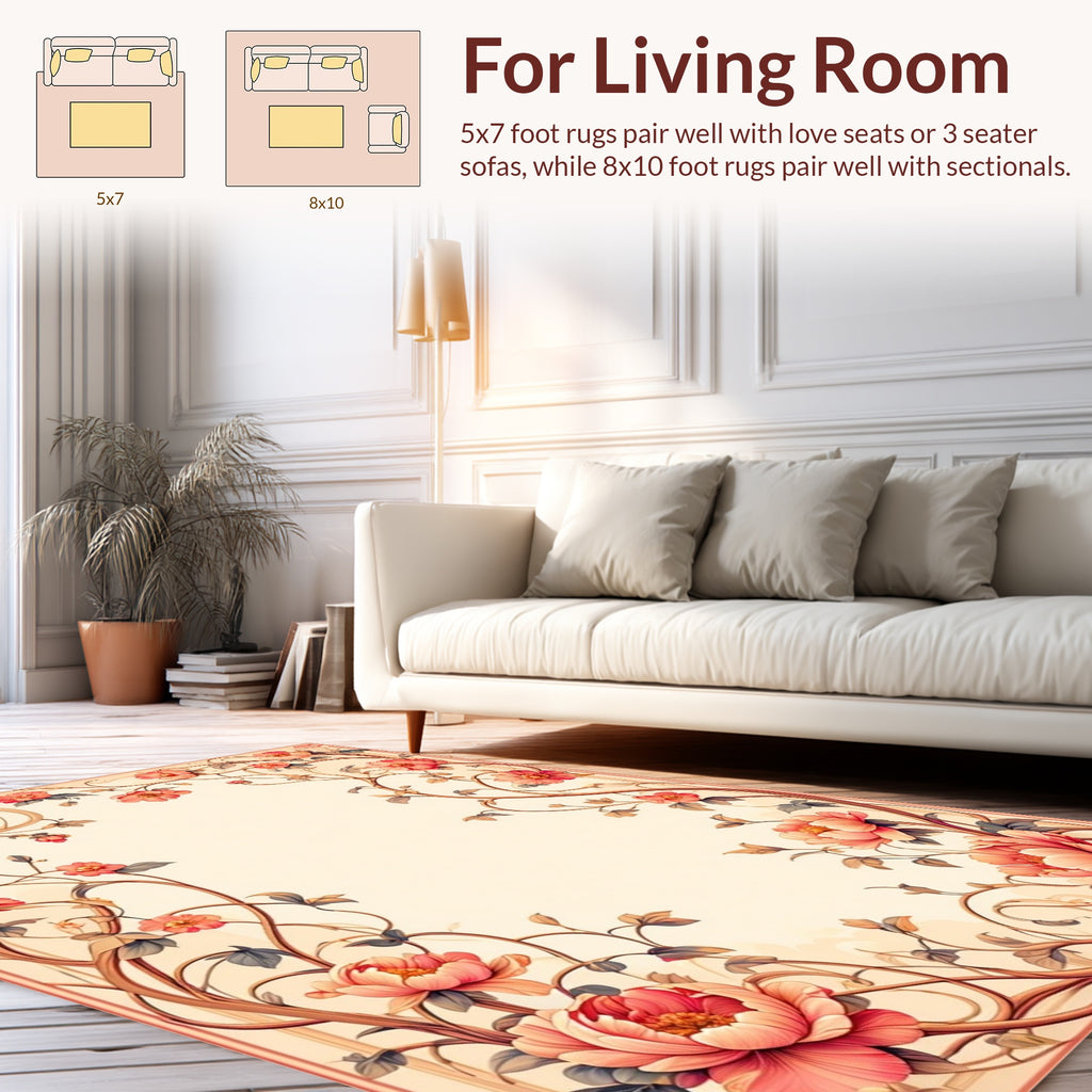 Elegant Coral Peony Vine Pattern Rug