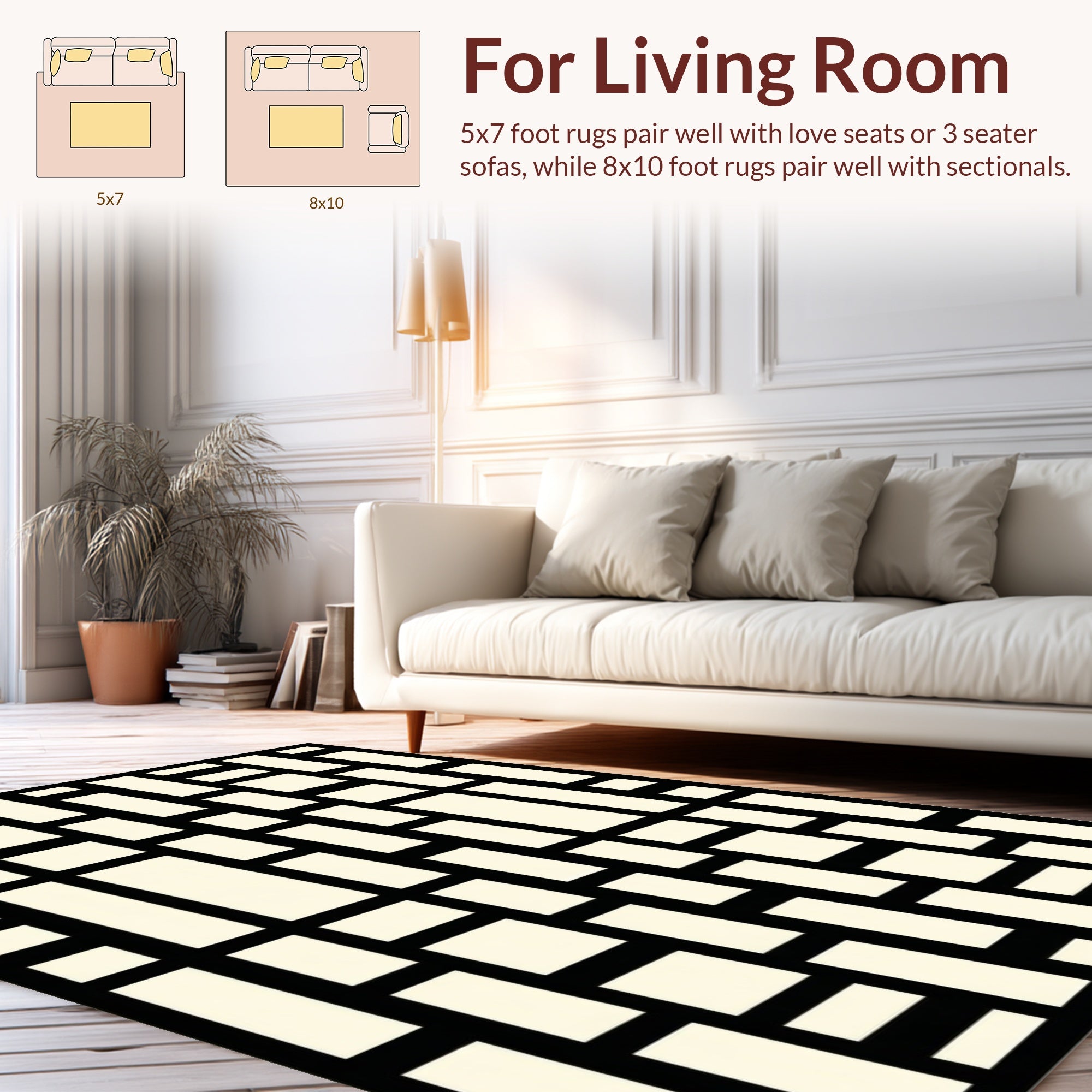 Black White Rectangular Grid Pattern Rug