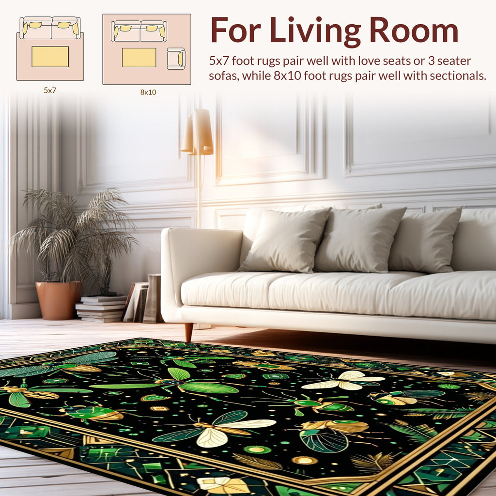 Ornate Emerald Insect Pattern Design Rug