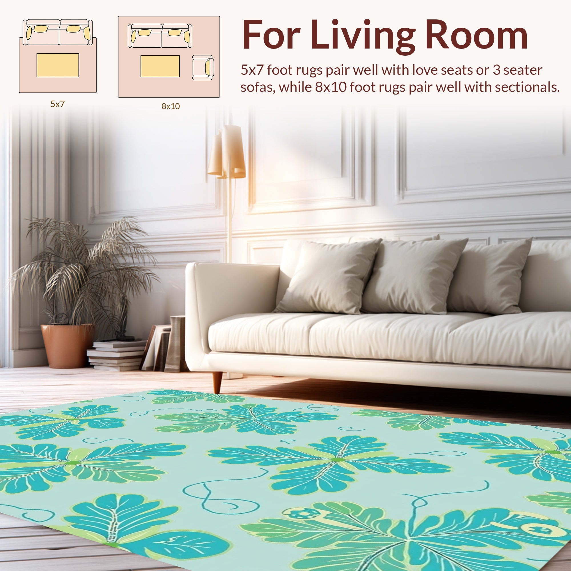 Delicate Teal Leaf Pattern Rug