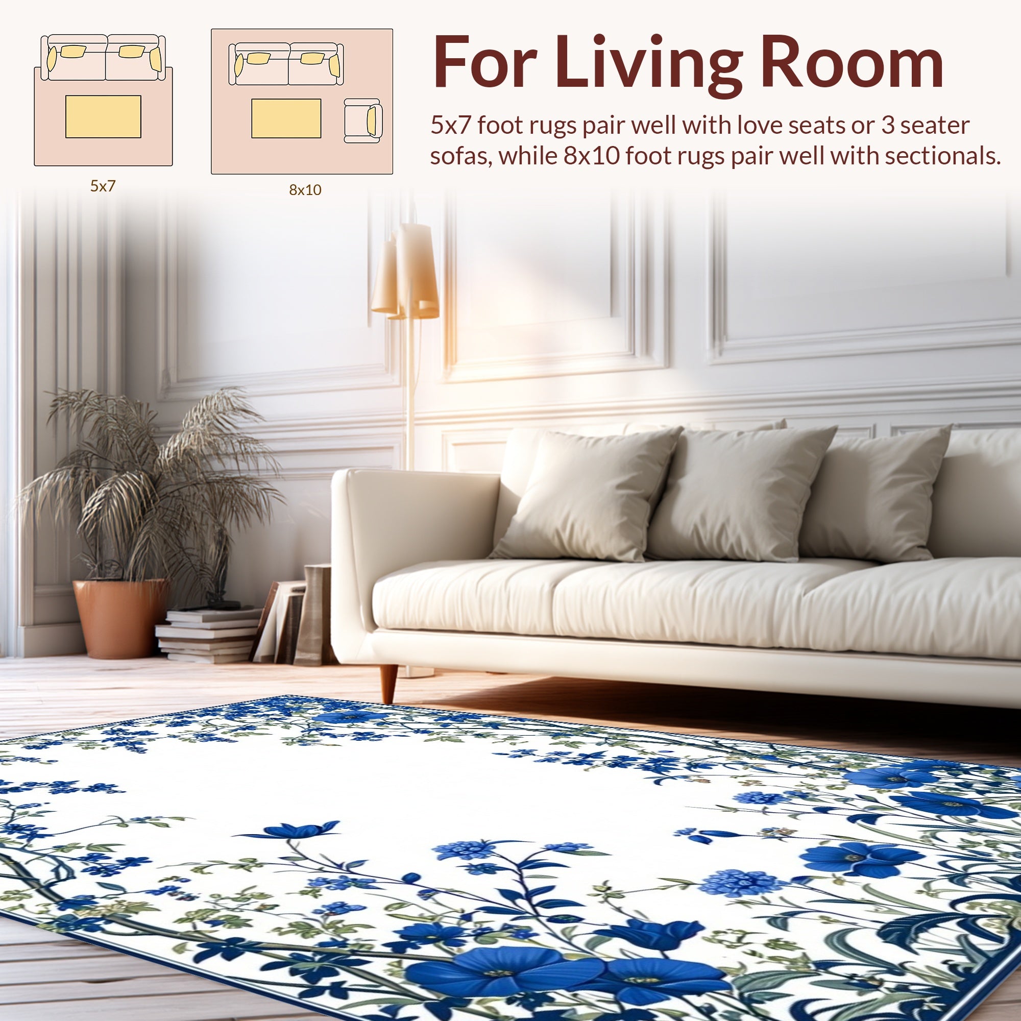 Vibrant Blue Floral Vines Pattern Rug