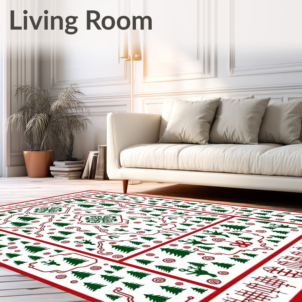 Red Green Christmas Forest Scene Rug
