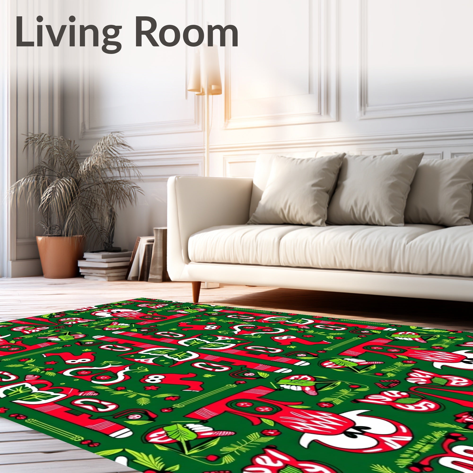 Folk Art Red Green Floral Animal Rug