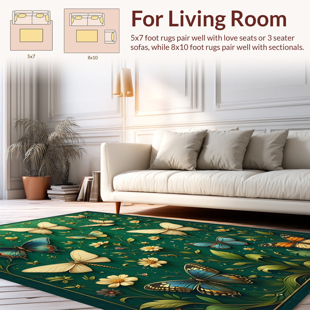 Green Floral Butterfly Art Design Rug