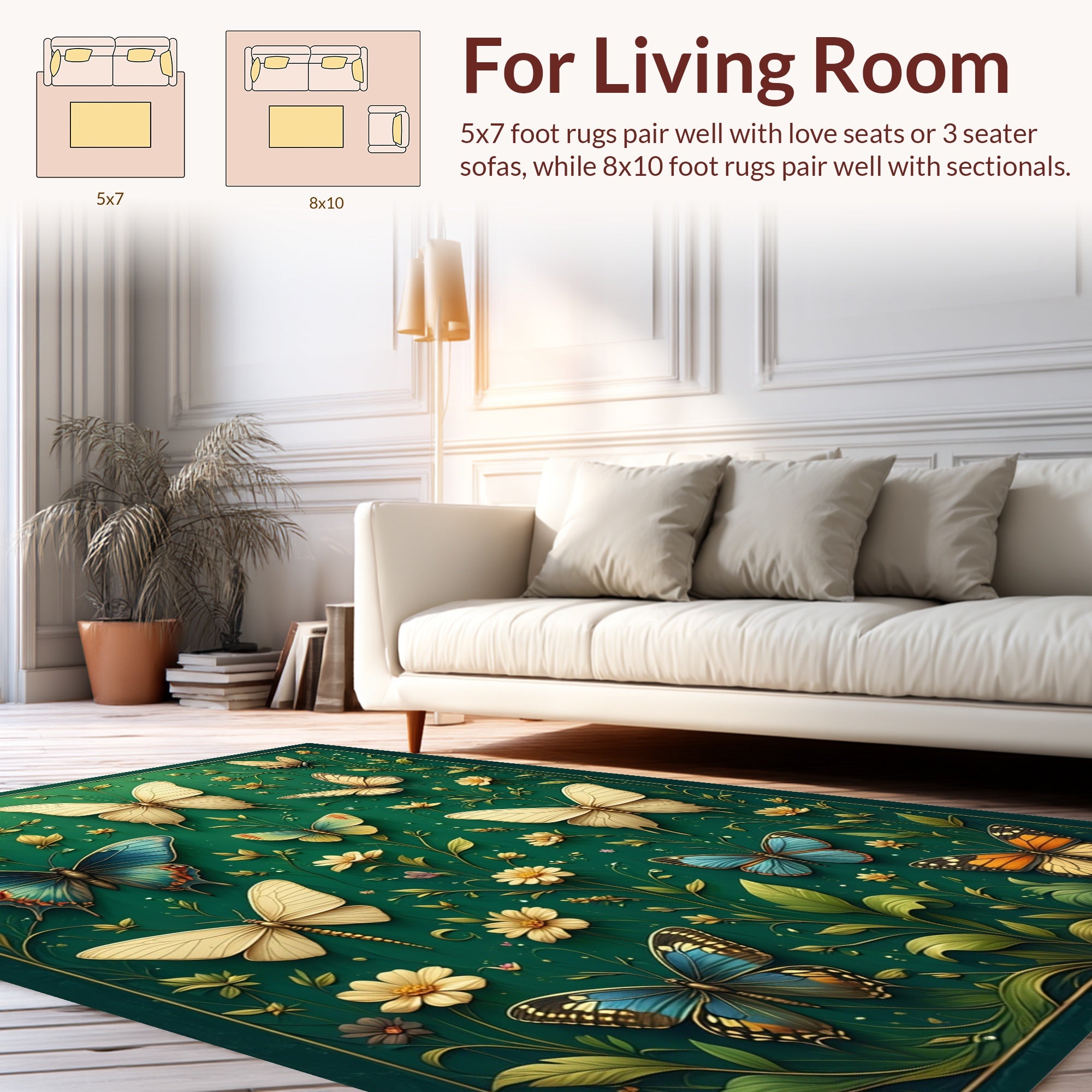 Green Floral Butterfly Art Design Rug
