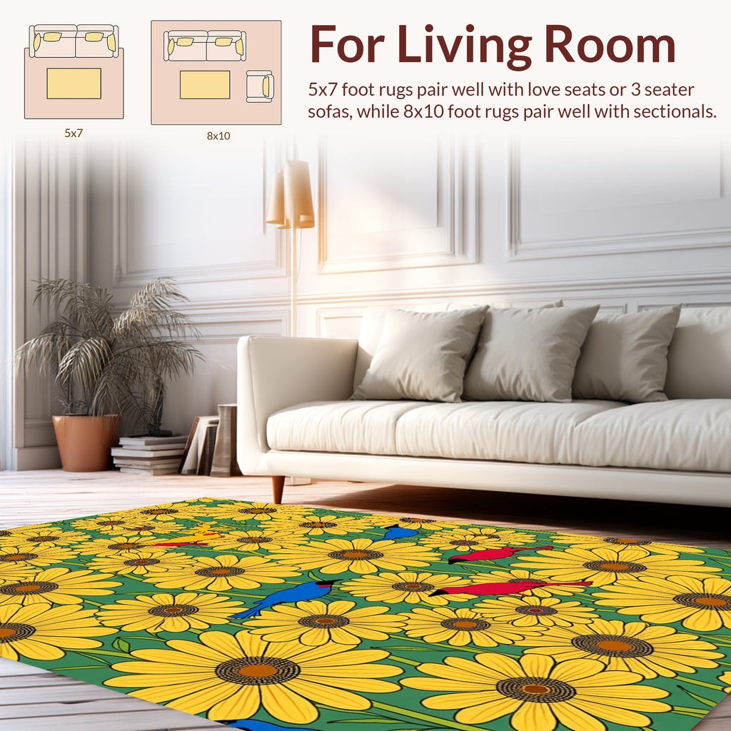 Floral Bird Pattern With Yellow Sunflowers Rug