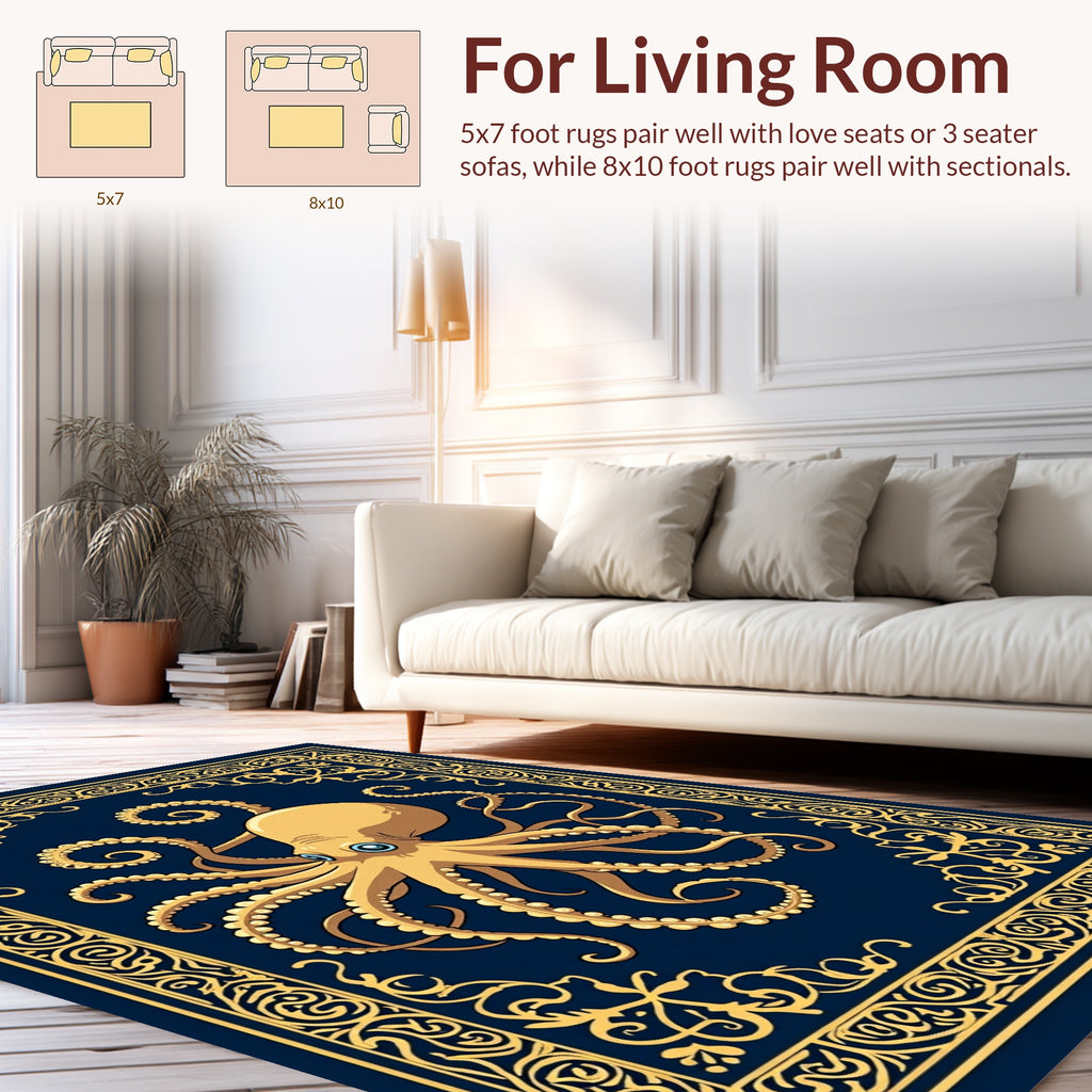 Golden Octopus Nautical Frame Rug