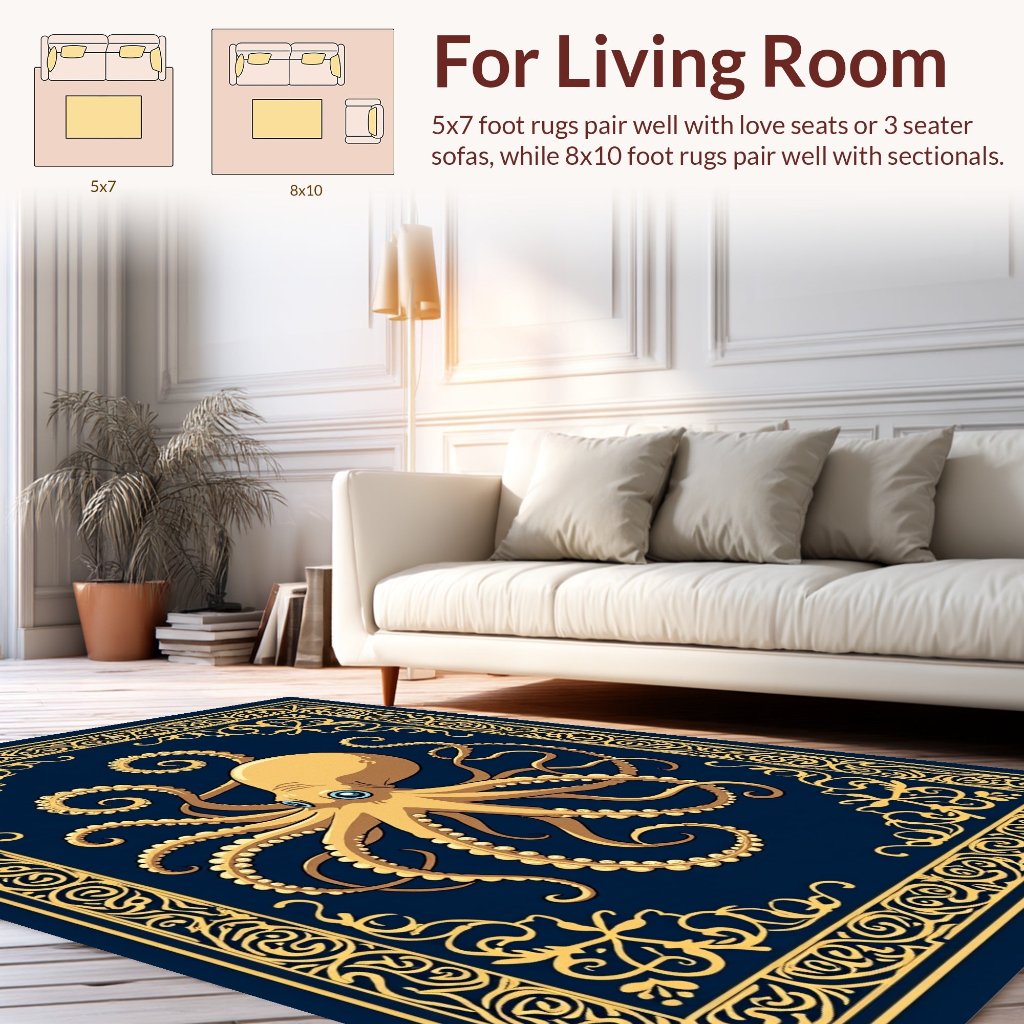 Golden Octopus Nautical Frame Rug